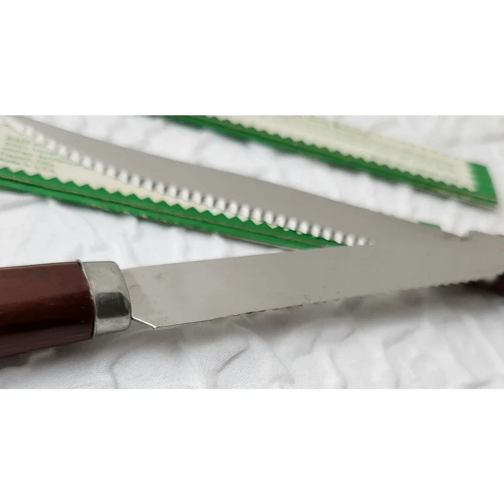 Quikut QUIKKLE Set Of 2 Stainless Steel Steak Knifes Brown Handle Vintage